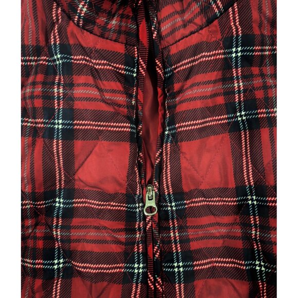 Red Tartan Plaid Quilted Puffer Vest | Classic Preppy Holiday Layer Large - Picture 4 of 9